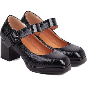 Chunky Platform Mary Jane Pumps Square Toe Buckled Ankle Strap 3" Block High